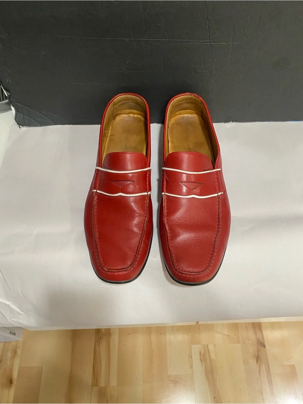 Santino Men's Red Leather Penny Loafers – White Piping Accent Sz 10